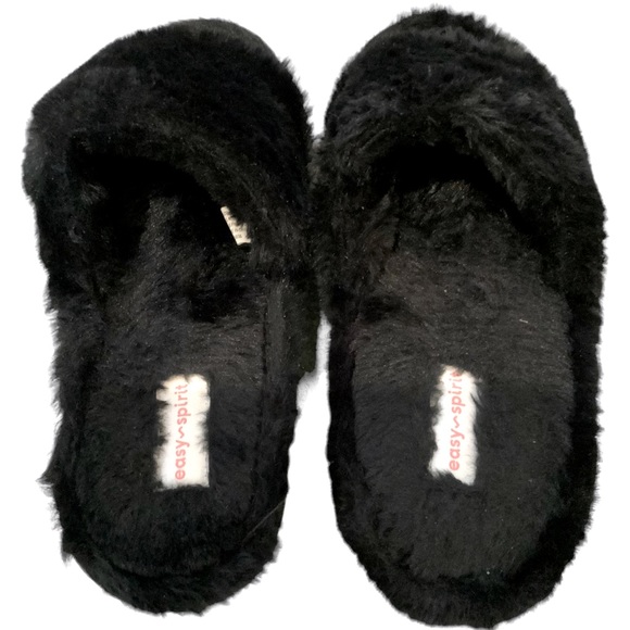 Easy Spirit Slippers Black Furry Slides Open Toe Rubber Sole Size 7.5 Wide - Picture 3 of 4